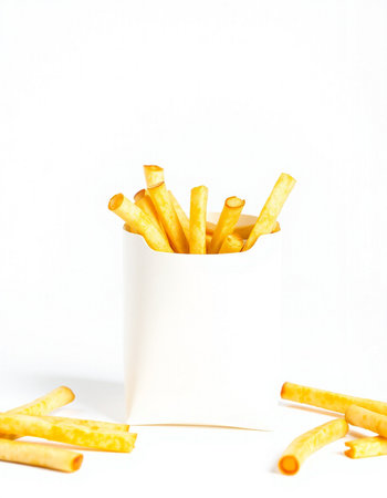 French fries in a paper box on a white background. Fast food.
