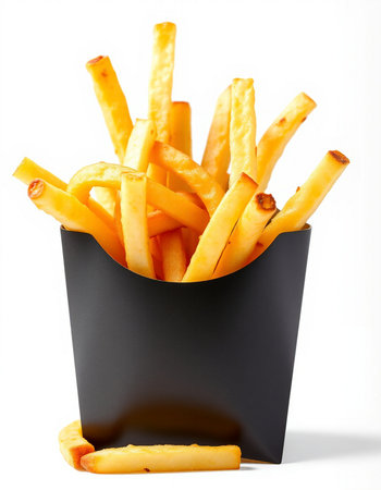 French fries in black box isolated on white background. Fast food.