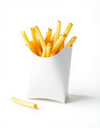 French fries in a white box on a white background. Isolated
