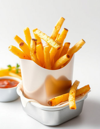 French fries in a paper box with tomato sauce on a white background