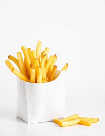 French fries in a paper bag on a white background. Selective focus.