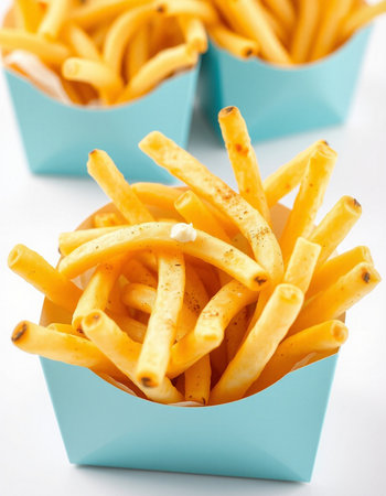 French fries in a blue box on a white background, close-up