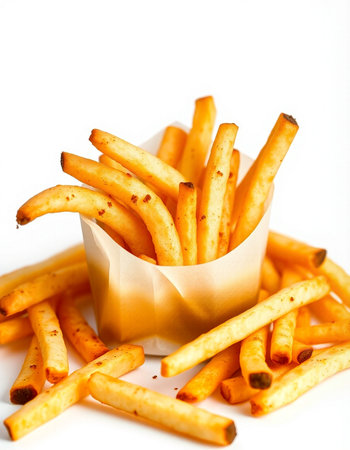 French fries in paper box on white background. Selective focus.