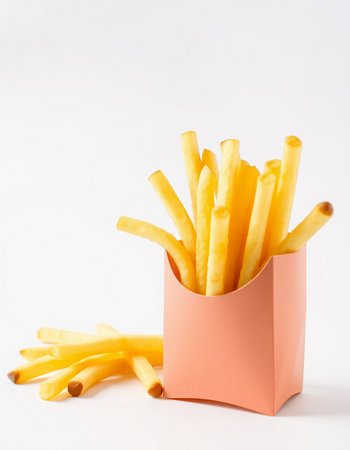 French fries in a paper box on a white background. Selective focus.の写真素材