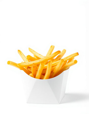 French fries in a white box on a white background. Isolated