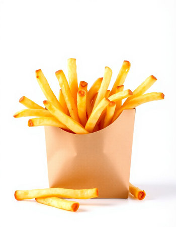 French fries in a paper box on a white background. Isolated