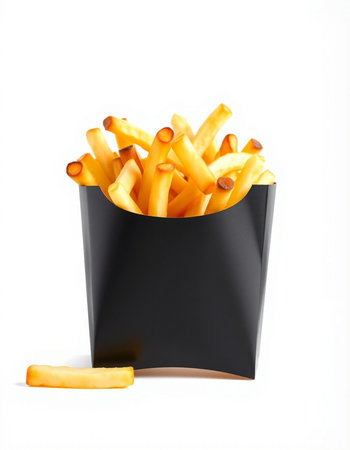 French fries in a black paper box isolated on a white background.