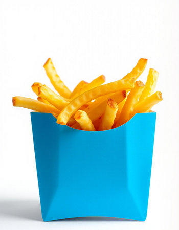 French fries in a blue box on a white background. Isolatedの写真素材