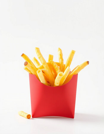 French fries in red box on white background. Selective focus.