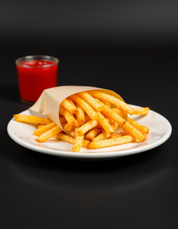 French fries on a white plate with tomato sauce on a black background