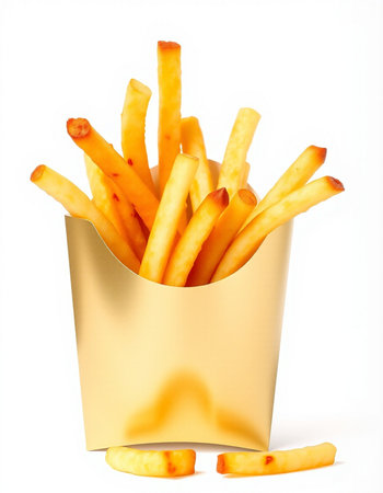 French fries in a golden box on a white background. Isolated