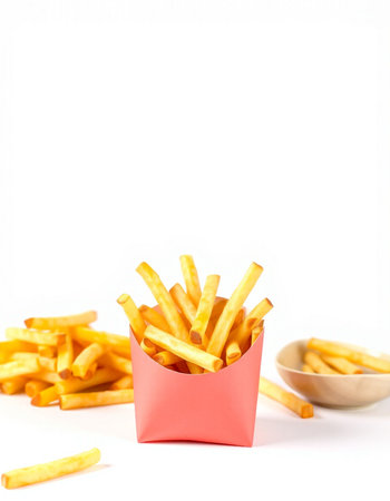 Golden French fries potatoes in a red paper box isolated on white background