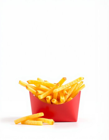 French fries in a red box on a white background. Fast food.