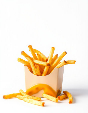 French fries in a paper box on a white background. Fast food.
