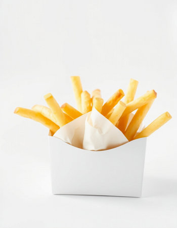 French fries in a white box on a white background. Fast food.