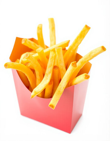 French fries in a red box isolated on white background with clipping path
