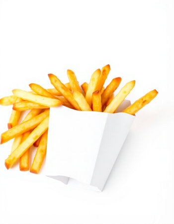 French fries in a paper box on a white background. Isolated