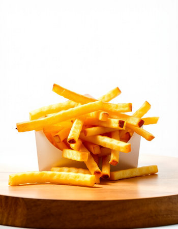 French fries on wooden board isolated on white background. Selective focus.の写真素材