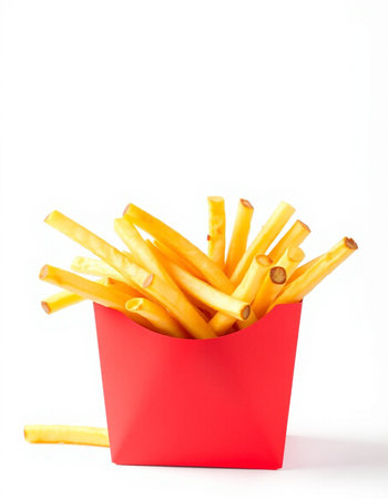 French fries in a red box isolated on white background. Selective focus.