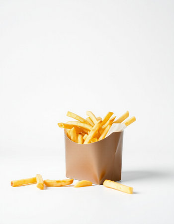 Golden French fries in paper box on white background. Fast food conceptの写真素材