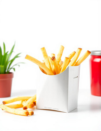 French fries in a white box on a white background. Selective focus.