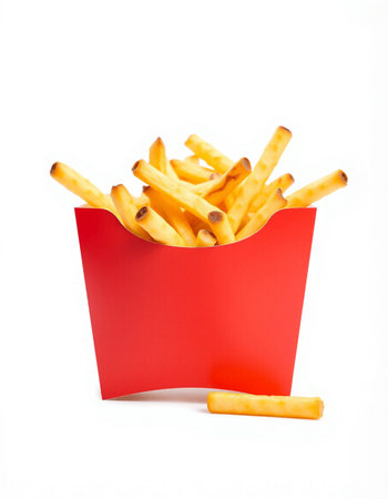 French fries in a red box isolated on white background. Fast food.