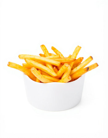 French fries in a white bowl on a white background. Isolated