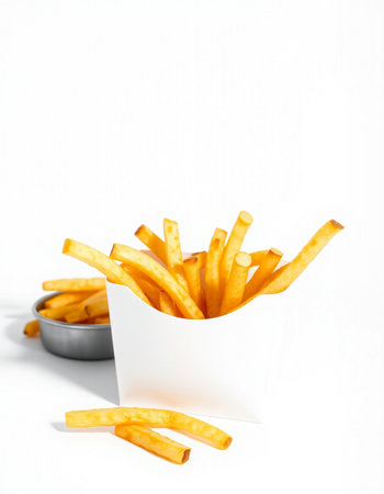 French fries on a white background. Selective focus. Toned.