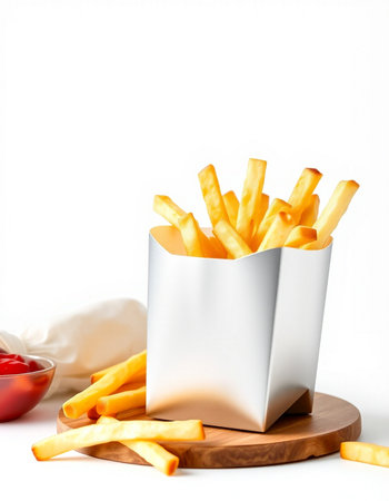 French fries in a paper box on a white background. Fast food.