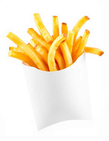 French fries in a white box, isolated on a white background.