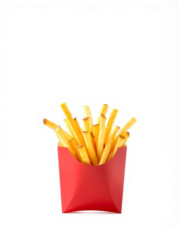French fries in a red box isolated on white background. Fast food.