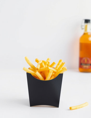 French fries in a black box on a white background with a bottle of drink