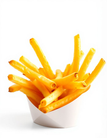 French fries in a paper box on a white background. Isolated