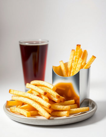 French fries and cola on white background, shallow depth of field