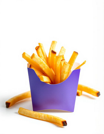 French fries in a purple box on a white background. Isolatedの写真素材