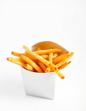 French fries in a paper box on a white background. Isolated