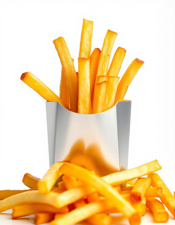 French fries in a paper box on a white background. Close-up.