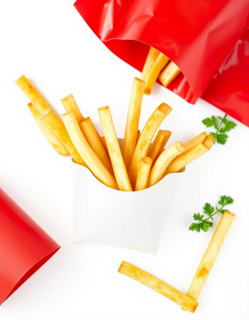 French fries in a paper bag isolated on white background. Top view.の写真素材