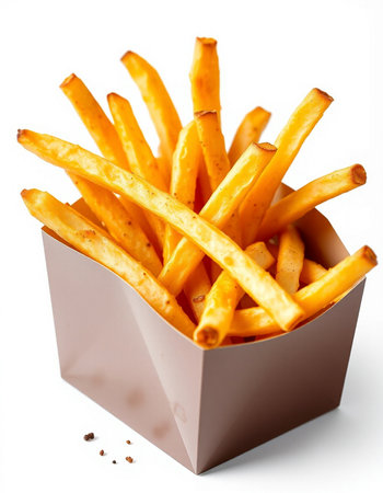 French fries in a paper box on a white background. Selective focus.
