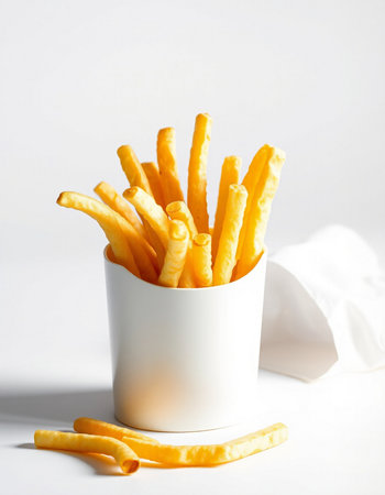French fries in a white cup on a white background. Shallow dof.