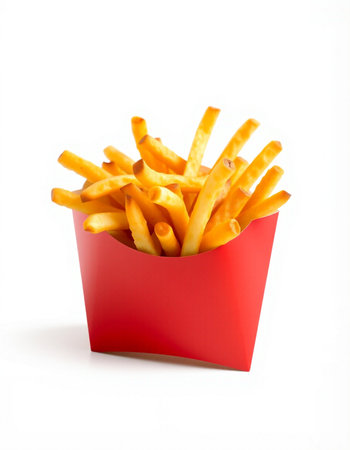 French fries in red box isolated on white background, clipping path included