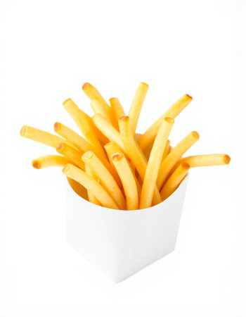 French fries in a white box on a white background, isolated.