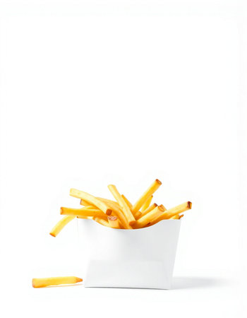 French fries in a white box on a white background. Isolated