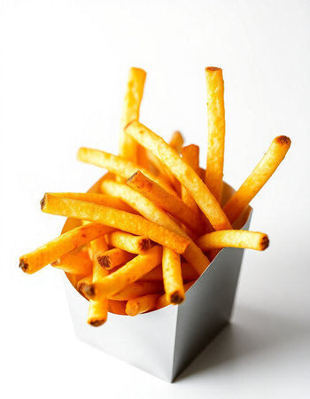 French fries in a paper box on a white background. Selective focus.