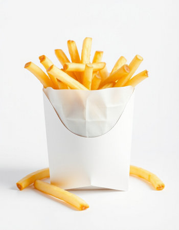 French fries in paper box on white background. Fast food concept.