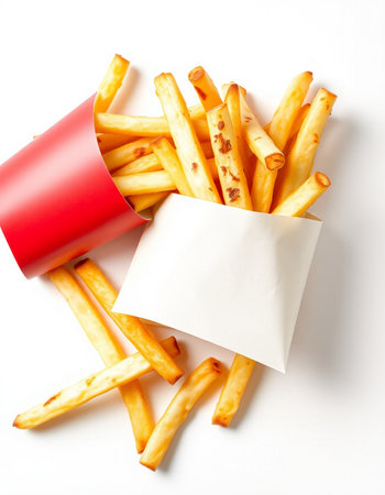French fries in a paper box on a white background, top viewの写真素材