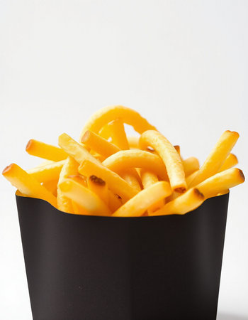 Golden French fries in black paper box on white background, selective focus
