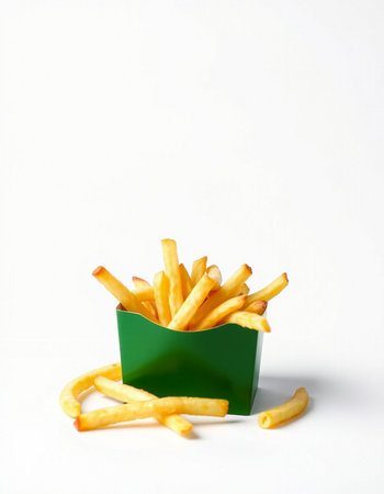 French fries in a green box on a white background. Isolated