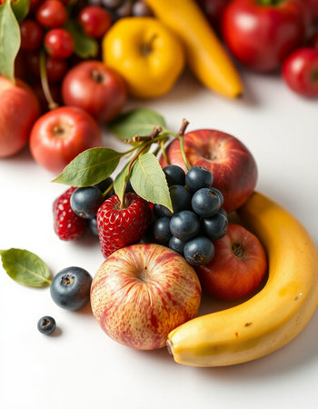 Fresh fruits and berries on a white background. Selective focus.の写真素材