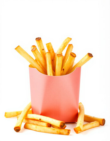 French fries in a paper box on a white background. Selective focus.